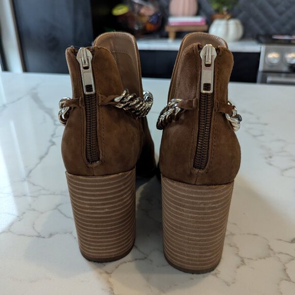 Steve Madden Tan Suede Leather Cedar Chain Block Heel Ankle Boot Cowboy Bootie 8 - Picture 5 of 8